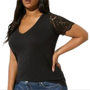 TORRID Classic‎ Fit Black Cotton-Blend V-Neck Lace Sleeve Tee Plus Size 2X